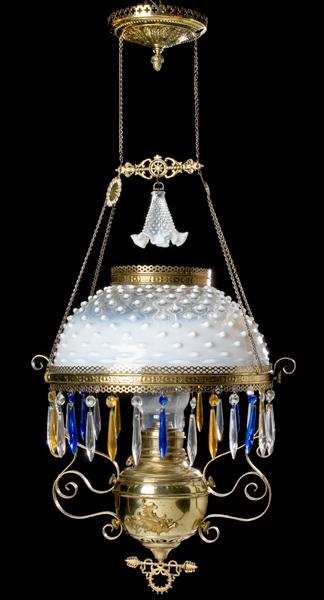 Appraisal: MILLER FLINT OPALESCENT HANGING LIBRARY LAMP ca - kerosene period