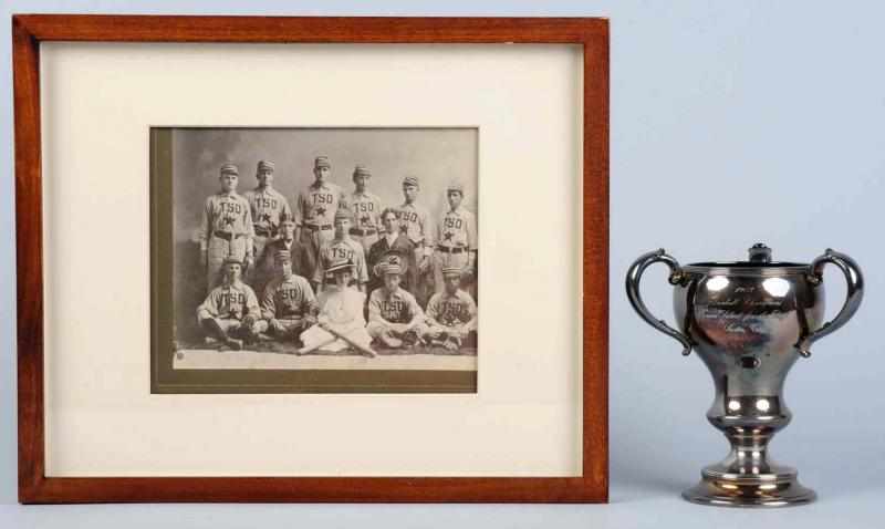 Appraisal: Silver-Plated Loving Cup Framed Photograph Loving Cup is marked Baseball