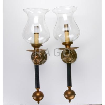 Appraisal: LIGHTING Two pair of large coach lamps with glass chimneys