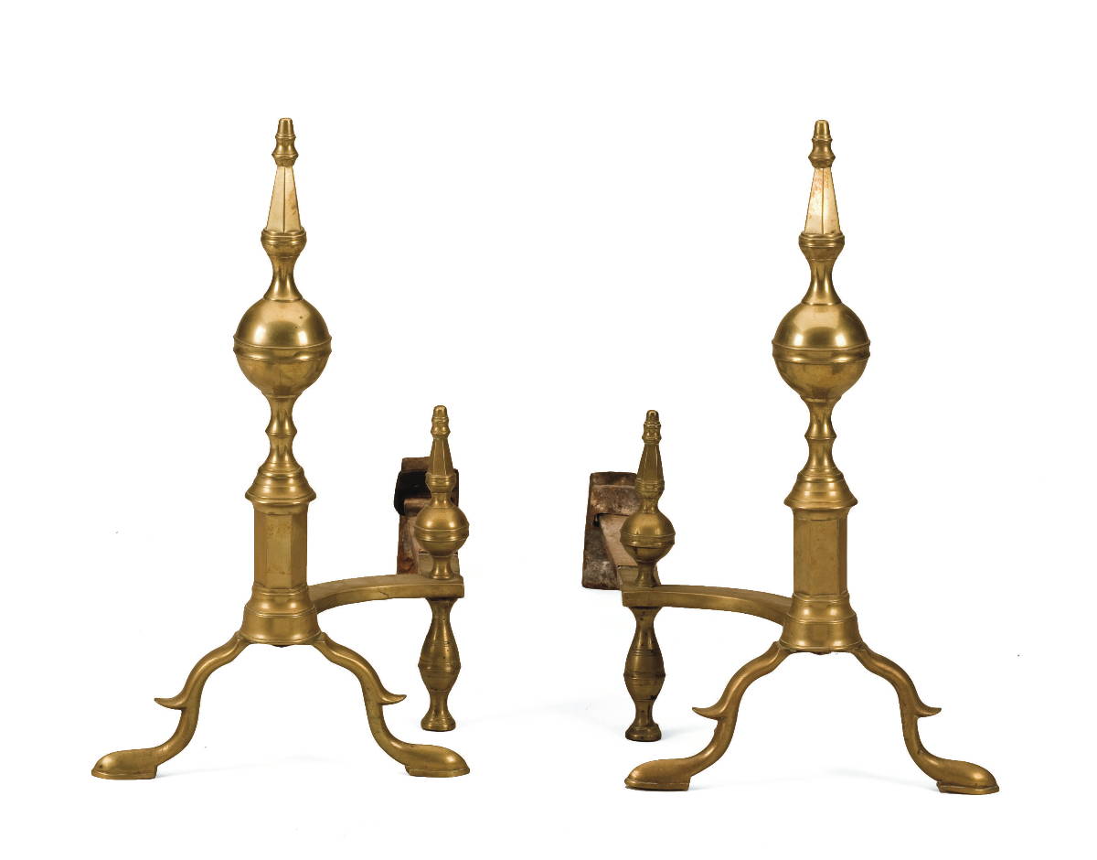 Appraisal: PAIR OF BOSTON FEDERAL BRASS BALL-AND-STEEPLE-TOP ANDIRONS WITH CONFORMING LOG