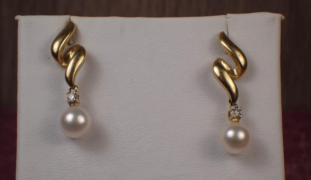 Appraisal: PAIR OF PEARL AND DIAMOND DROP EARRINGS each k yellow