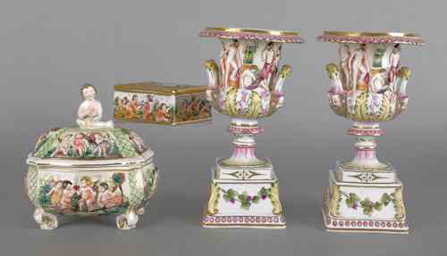 Appraisal: Pair of capo-di-monte urns h together with two dresser boxes