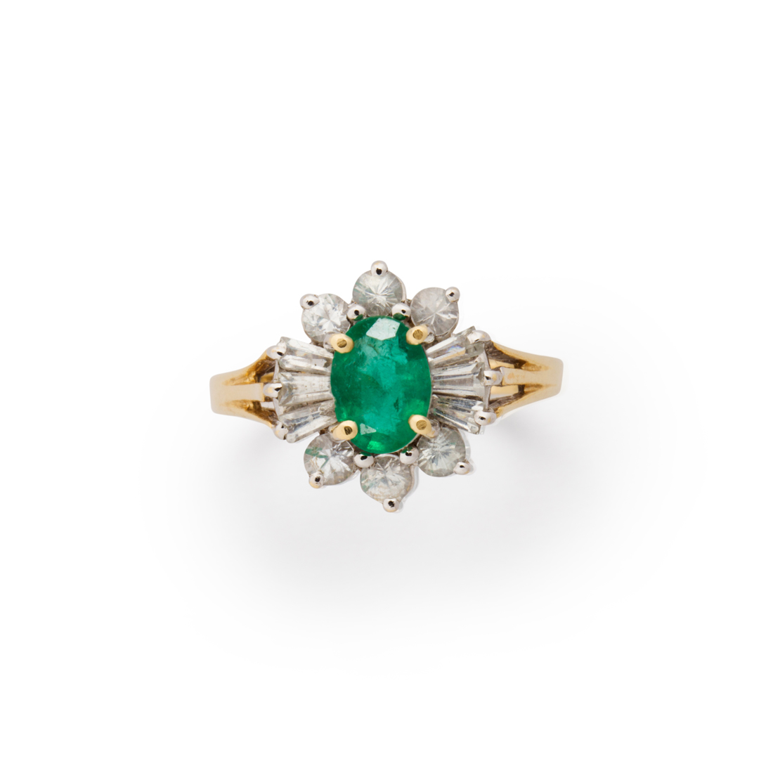 Appraisal: AN EMERALD WHITE SAPPHIRE AND FOURTEEN KARAT GOLD RING An