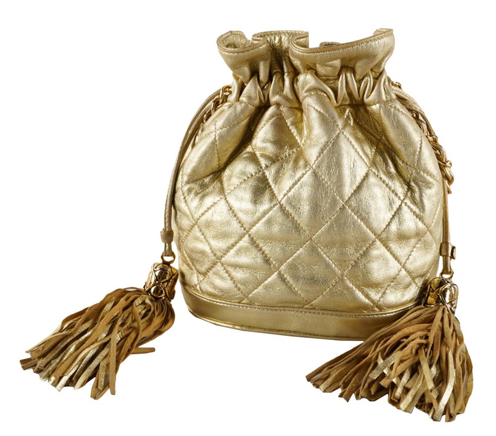 Appraisal: CHANEL GOLD METALLIC LEATHER BUCKET BAGwith label card no inches