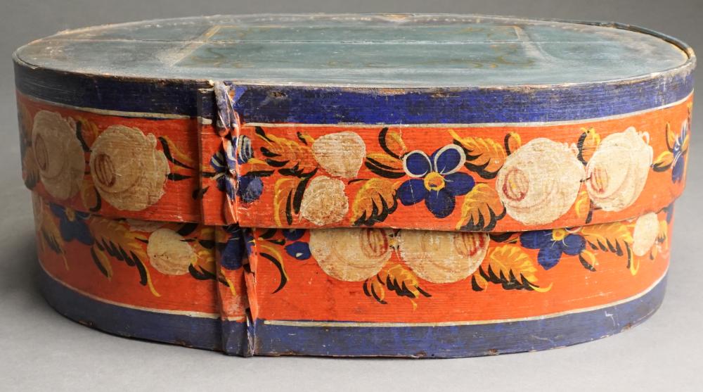 Appraisal: COUNTRY ROSEMALING DECORATED POLYCHROME PAINTED BENTWOOD BOX X X IN