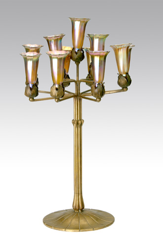 Appraisal: QUEZAL Brass table lamp with eleven branches topped by Quezal