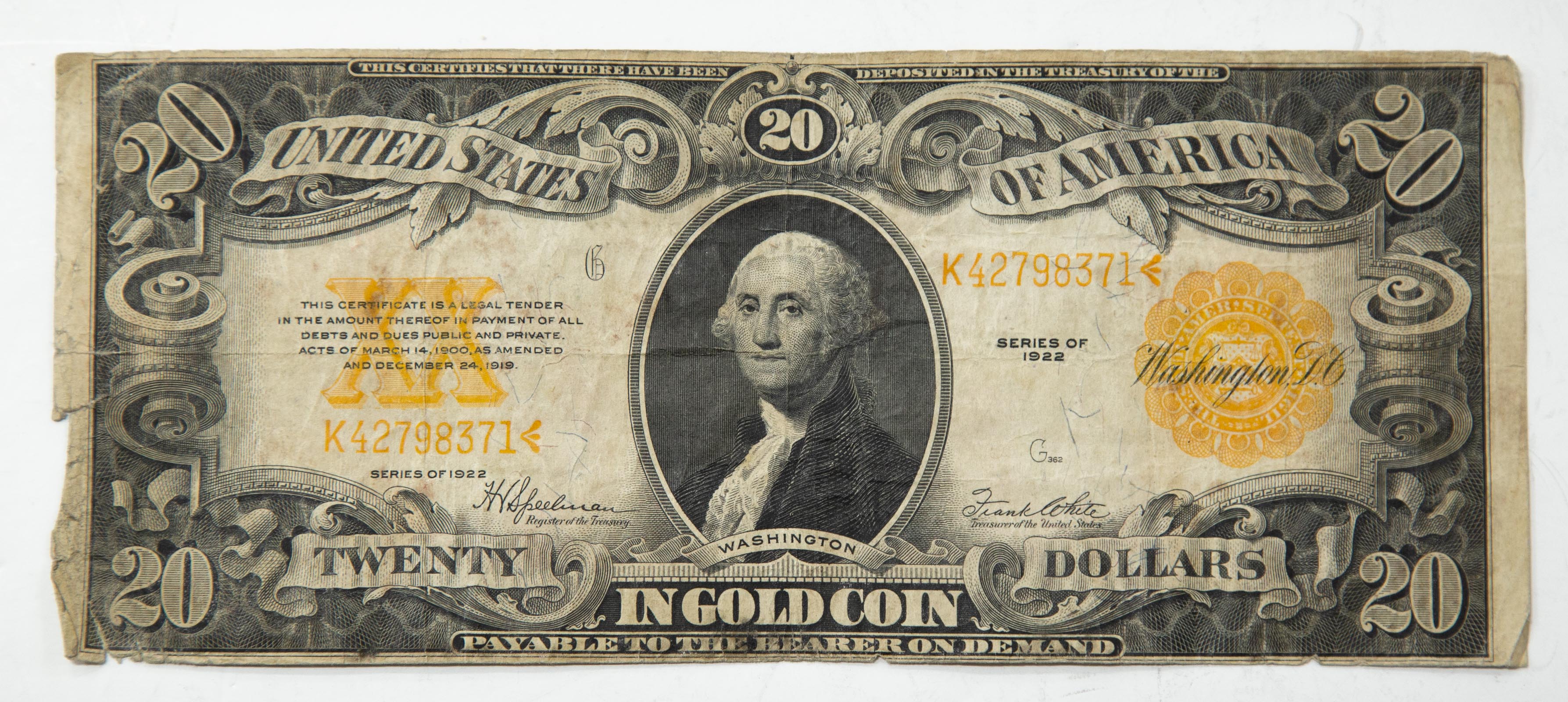 Appraisal: GOLD CERTIFICATE VG with Folds no pinholes left side missing