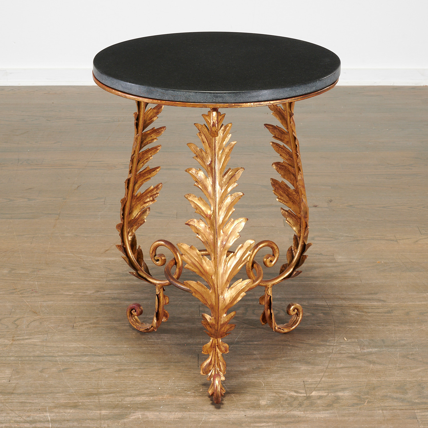 Appraisal: NICE GILT IRON SLATE TOP TRIPOD SIDE TABLE th c