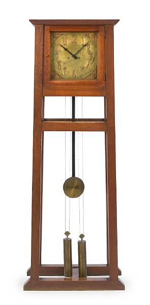 Appraisal: A rare Gustav Stickley oak and copper tall case clock