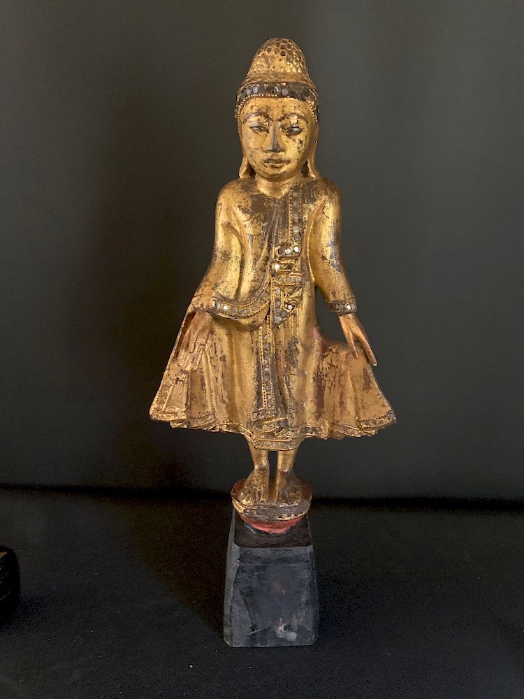 Appraisal: Mandalay Period Standing Buddha Classic lacquered wooden standing Mandalay Buddha