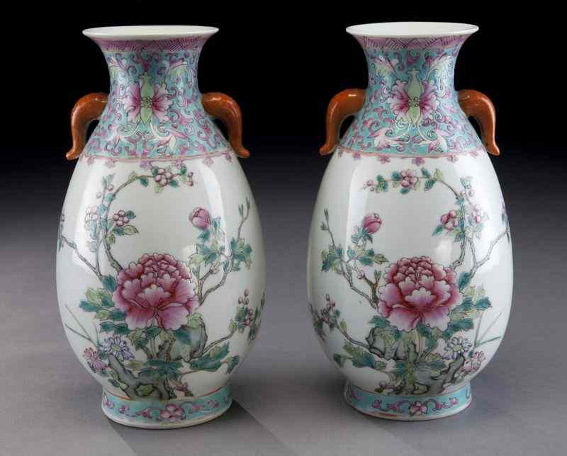 Appraisal: Pr Chinese Republic famille rose porcelain vases each with two