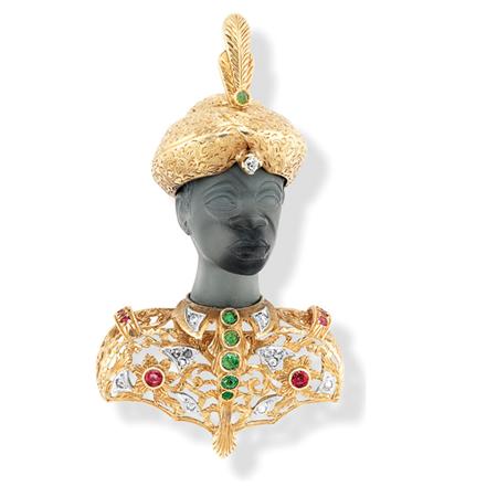 Appraisal: Gold Carved Agate Colored Stone and Diamond Blackamoor Clip-Brooch Estimate