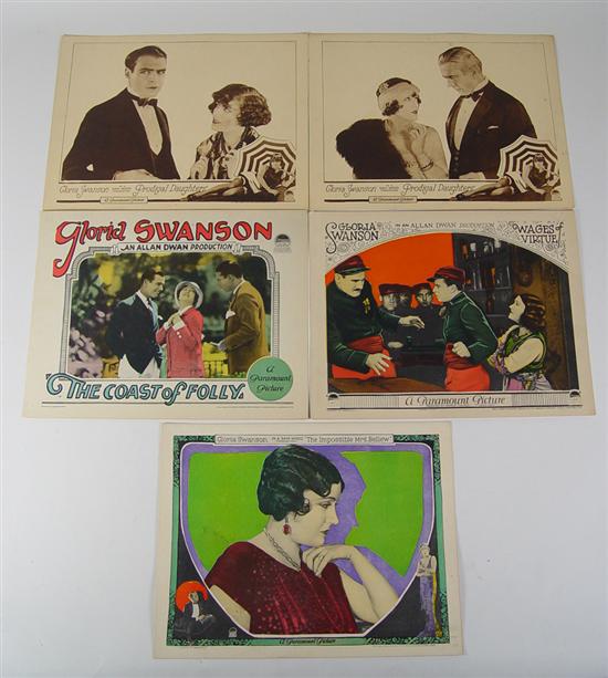 Appraisal: Five Gloria Swanson Lobby Cards Two sepia-toned cards from Prodigal