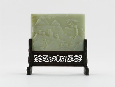 Appraisal: A Chinese pale celadon jade rectangular plaque depicting Shoulao and