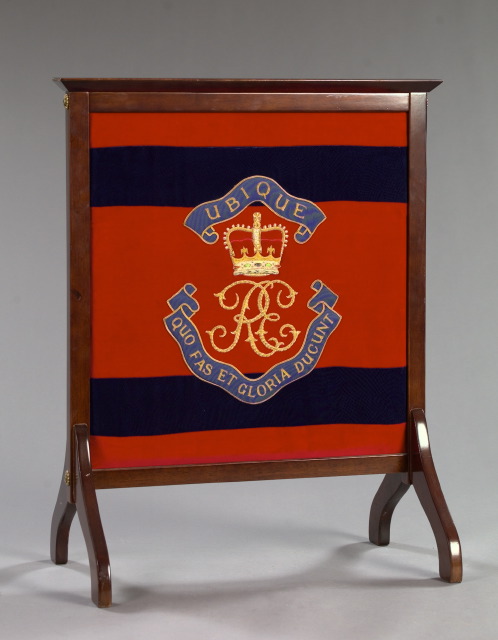 Appraisal: Regency-Style Brass-Mounted Mahogany Firescreen featuring the embroidered crest of the