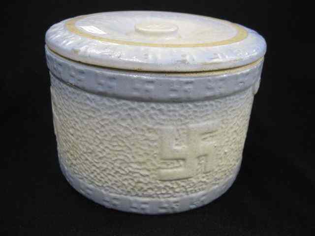 Appraisal: Blue White Stoneware Butter Tub ''Good Luck'' symbols on textured