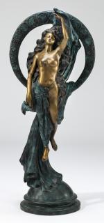 Appraisal: Bronze statue of nude goddess holding the moon h Bronze