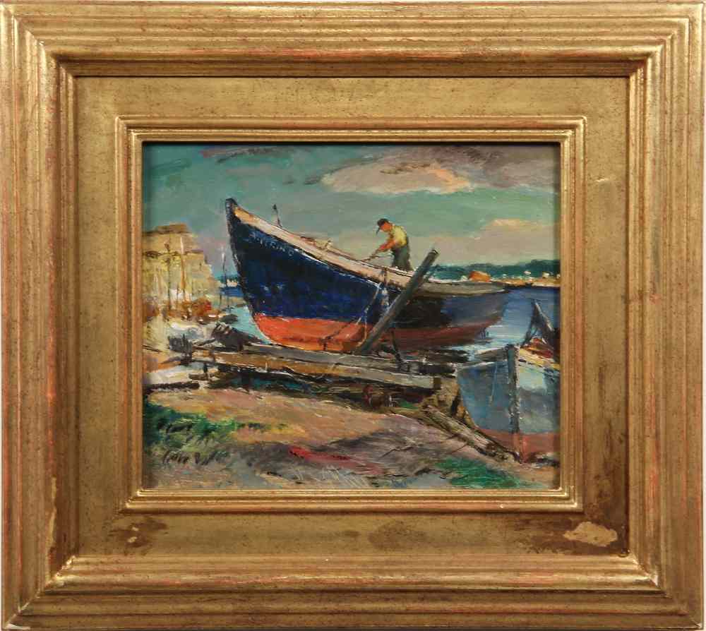 Appraisal: OIL ON MASO - Man Working On Beached Boat by