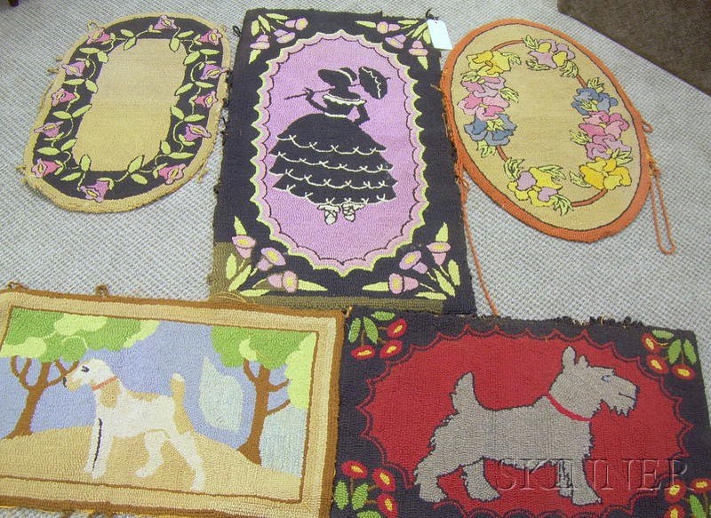 Appraisal: Five Assorted Floral and Figural Pattern Hooked Rugs two oval