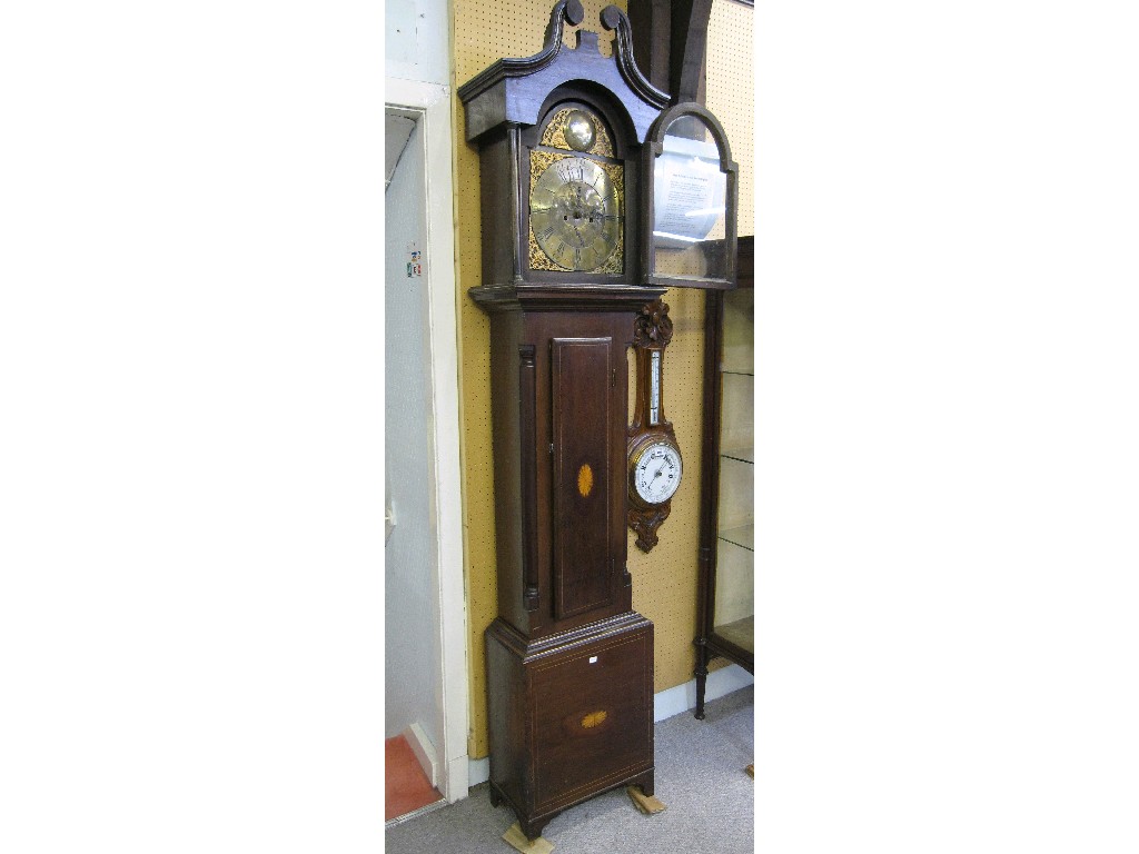 Appraisal: Mahogany and inlaid longcase clock with broken swan necked pediment