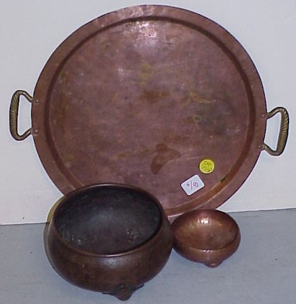 Appraisal: Hand hammered copper round tray with brass handles signed dia