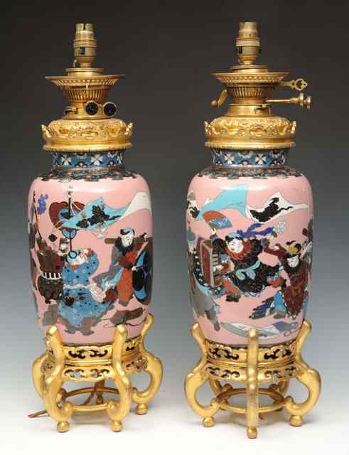 Appraisal: A PAIR OF ANTIQUE ORIENTAL PINK GROUND CLOISONNE TABLE LAMPS