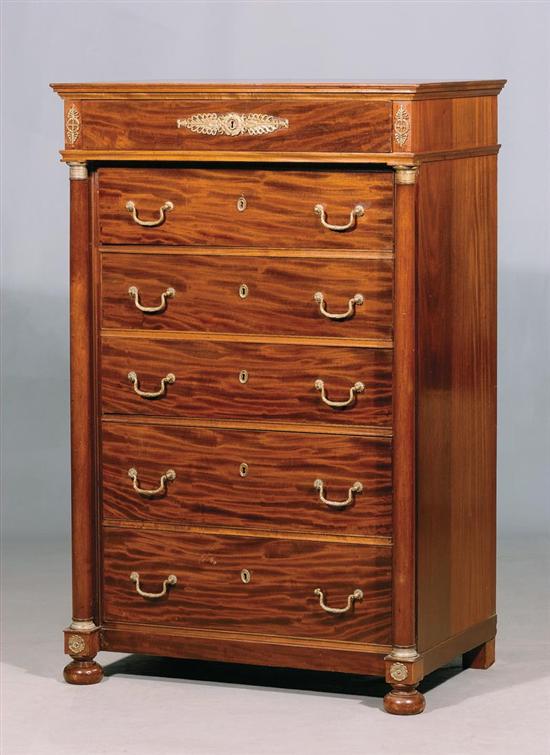 Appraisal: Continental gilt-metal mounted mahogany tall chest of drawers circa molded