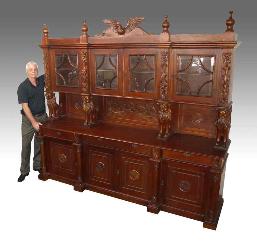 Appraisal: FT LONG CARVED LION MAHOGANY BACK BAR The center surmounted