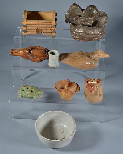 Appraisal: FOLK ART POTTERY GROUPING AND OTHERwood and pottery items most