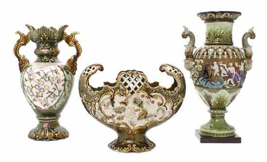 Appraisal: Two Majolica Porcelain Vases each of baluster form flanked by