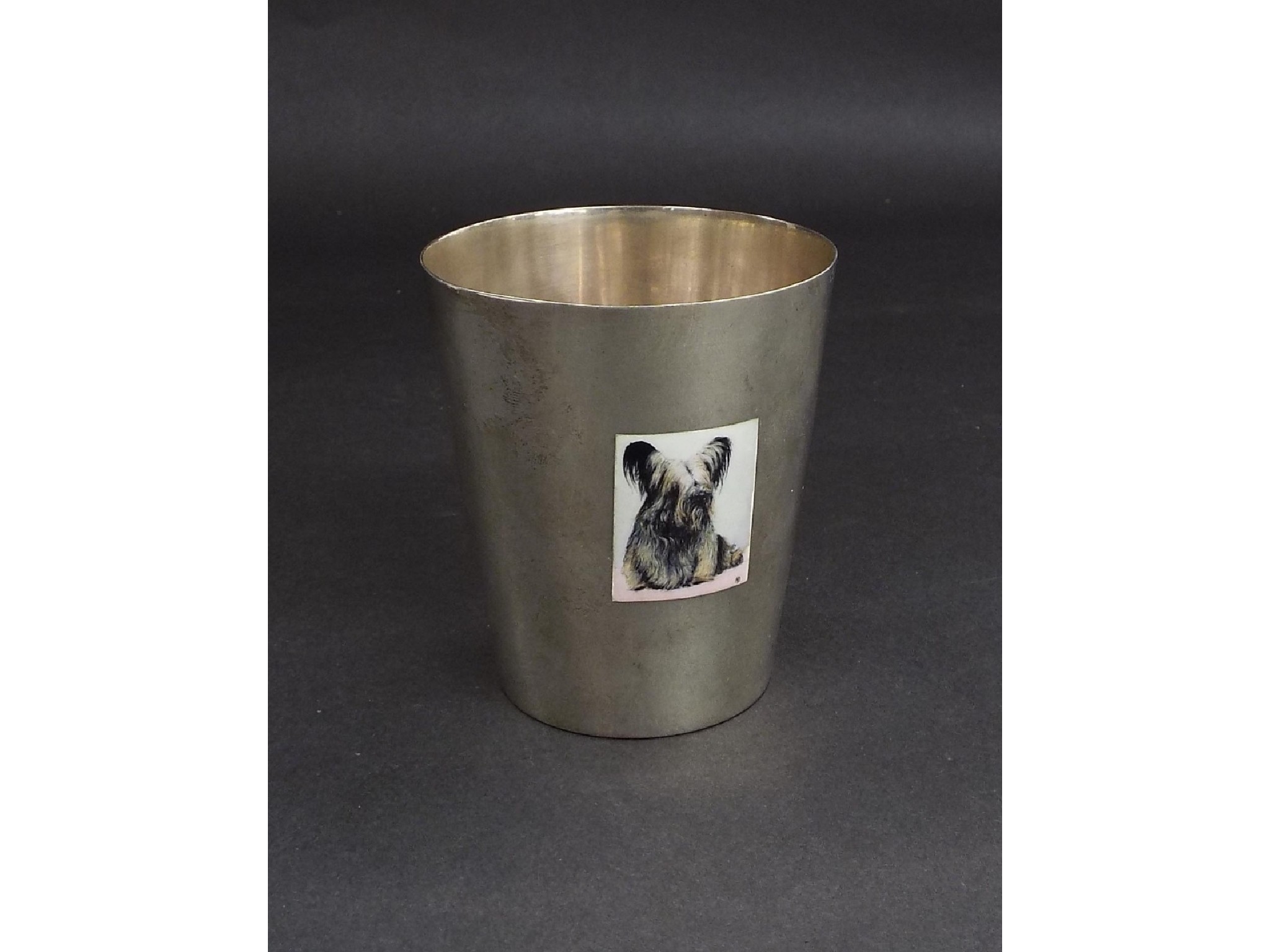 Appraisal: White metal beaker applied with an enamel of a dog