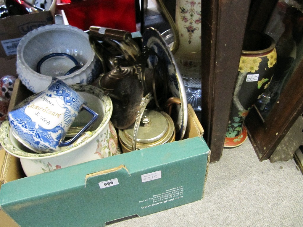 Appraisal: Box of ceramics copperware and three various vases