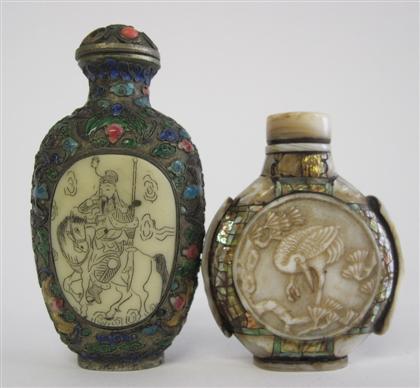 Appraisal: Two Chinese snuff bottlesComprising a tall cloisonne snuff bottle inset