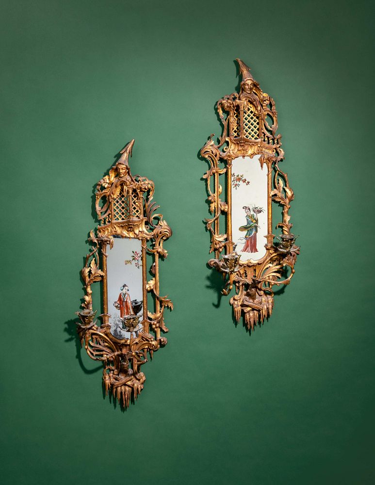 Appraisal: A Pair of Chinese Chippendale Giltwood and Reverse-Painted Glass Mirrors