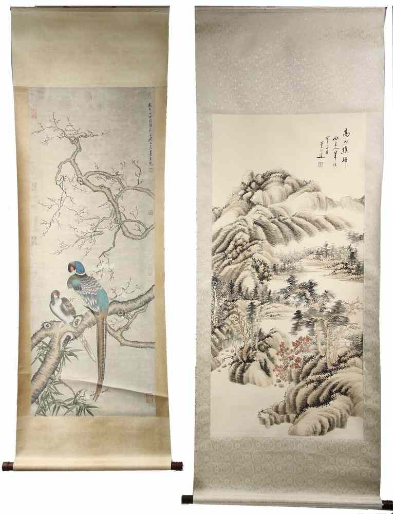 Appraisal: CHINESE SCROLLS - Including Two Exotic Birds in Blossoming Tree