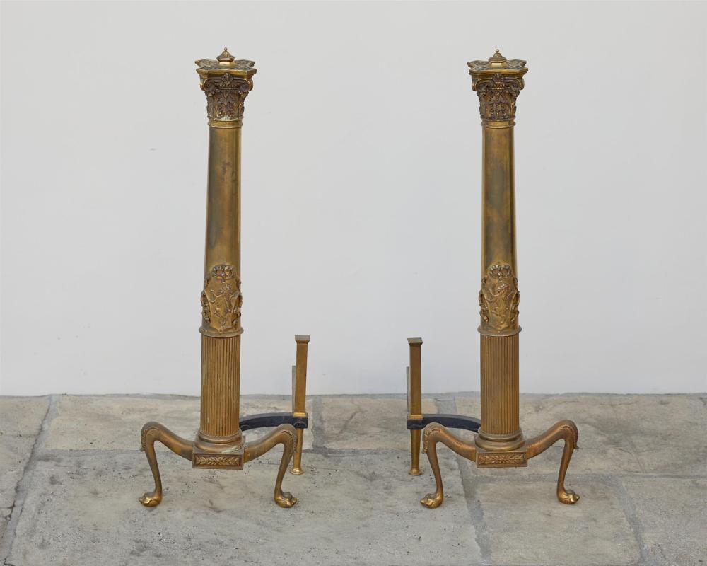 Appraisal: A pair of French Empire-style brass andirons First-Quarter th Century