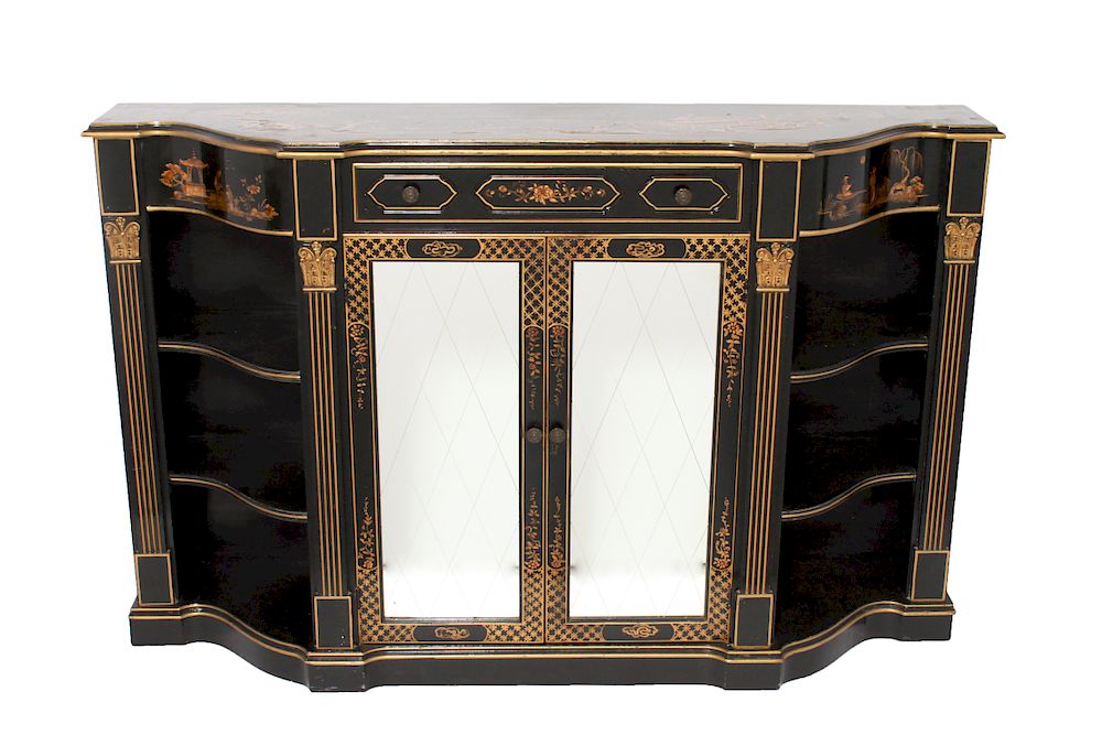 Appraisal: Chinoiserie Sideboard w Mirrored Cabinet Doors Chinoiserie sideboard black lacquered