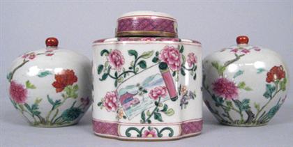 Appraisal: Pair of Chinese famille rose covered jars and tea caddy