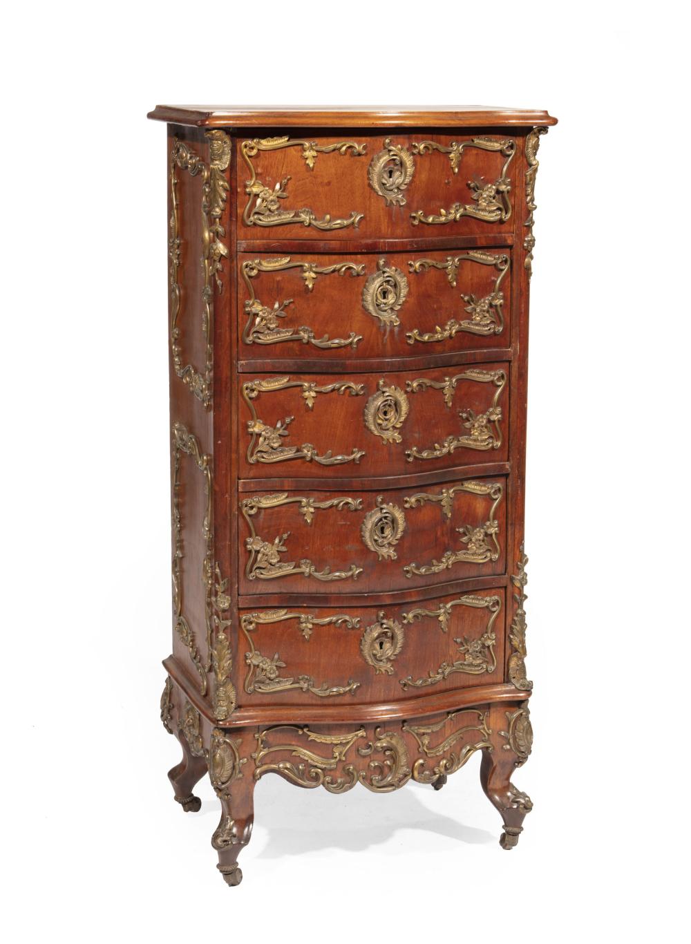 Appraisal: French Belle Epoque Bronze-Mounted Walnut Semainier c serpentine-molded top conforming