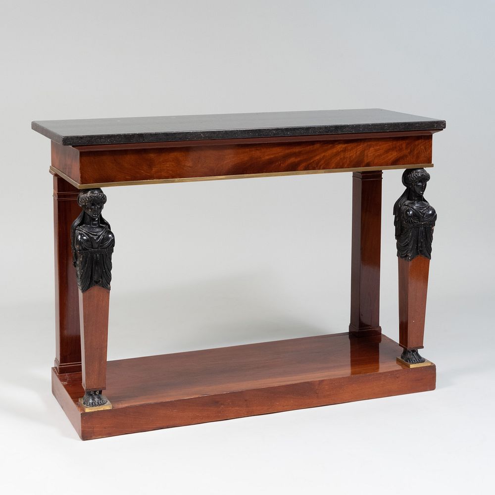 Appraisal: Empire Style Brass-Mounted Mahogany and Ebonized Console Table Fitted with