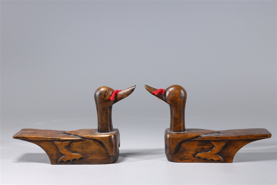 Appraisal: Pair of Korean carved wood duck form sandals overall good