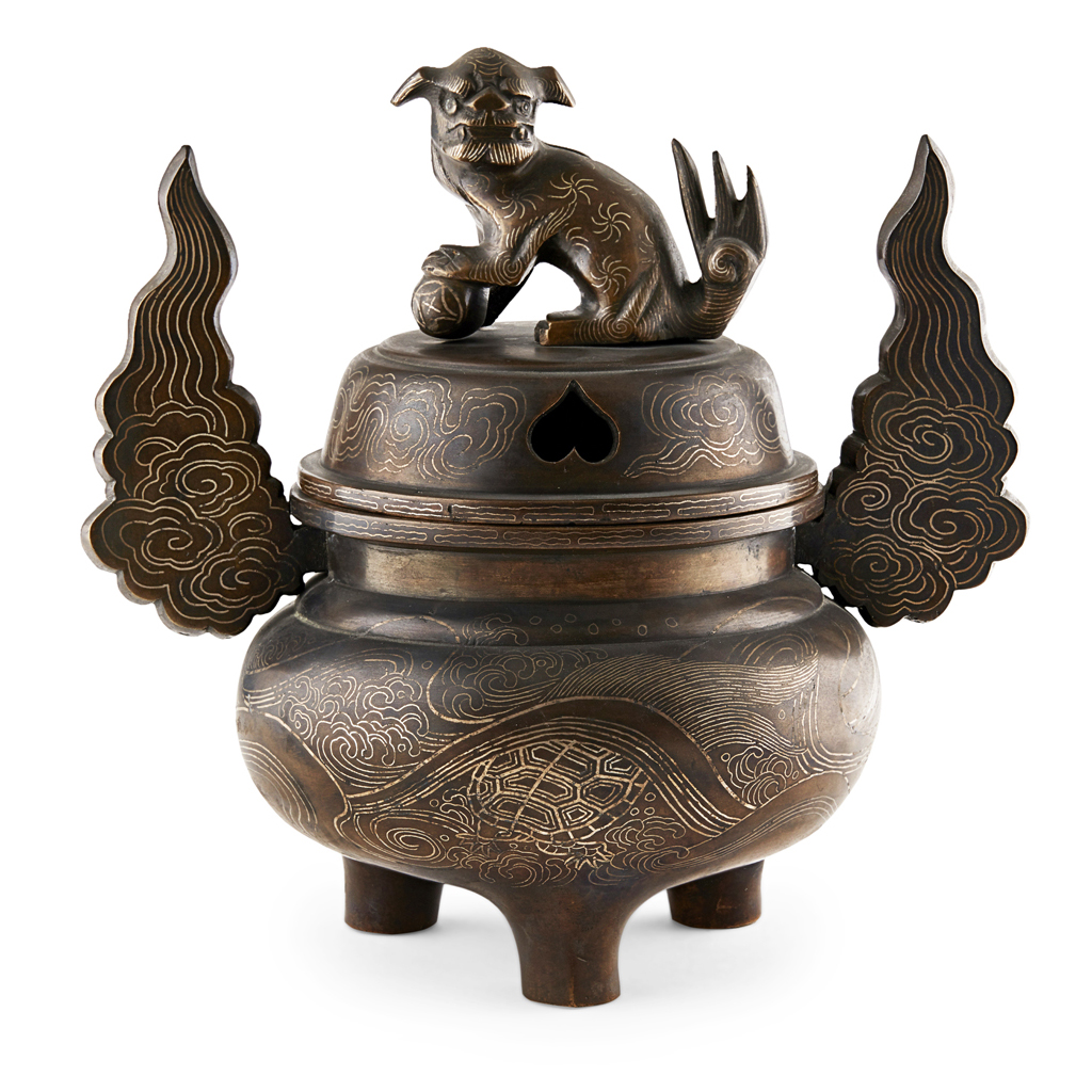 Appraisal: SILVER-INLAID BRONZE TRIPOD CENSER AND COVER QING DYNASTY TH CENTURY