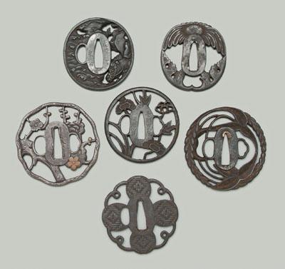 Appraisal: Six Japanese iron tsuba all pierced Battle of Uji River