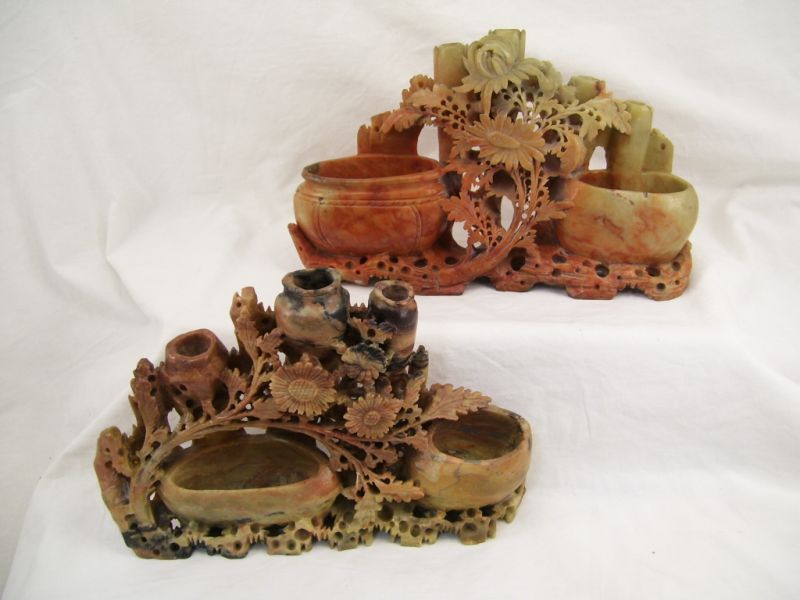 Appraisal: - Carved Soapstone Vases Includes Double low bowls with potted