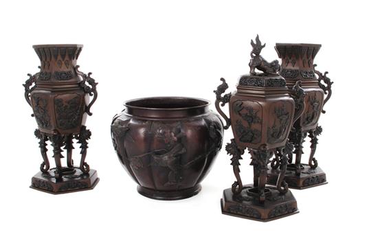 Appraisal: Chinese bronze garniture and cachepot Republic period three-piece garniture H