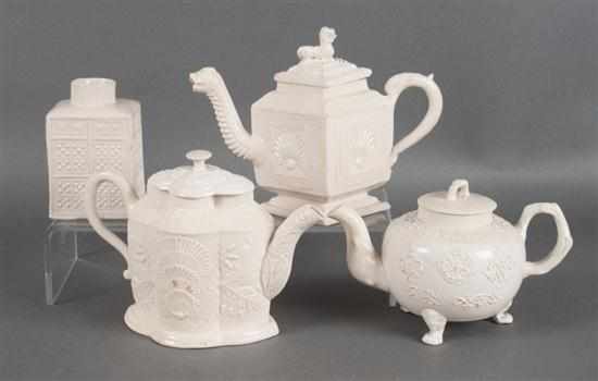 Appraisal: Three Staffordshire white salt glazed stoneware teapots and a tea