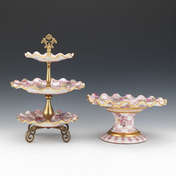 Appraisal: MACKENZIE-CHILDS SERVING STANDS Parchment check fluted cake stand x Parchment