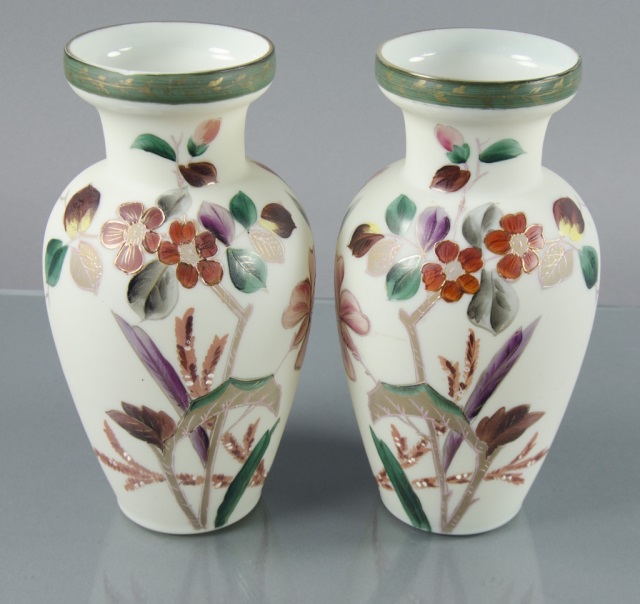 Appraisal: Matching Pair of Bristol Glass VasesDecorated with motifs of florals