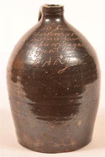 Appraisal: th Century Manganese Glazed Redware One Gallon Jug Illegible inscription