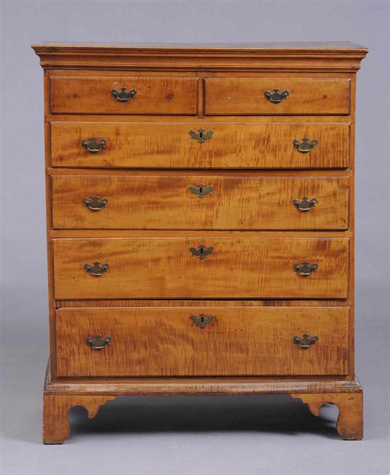 Appraisal: AMERICAN CHIPPENDALE FIGURED MAPLE TALL CHEST OF DRAWERS The molded